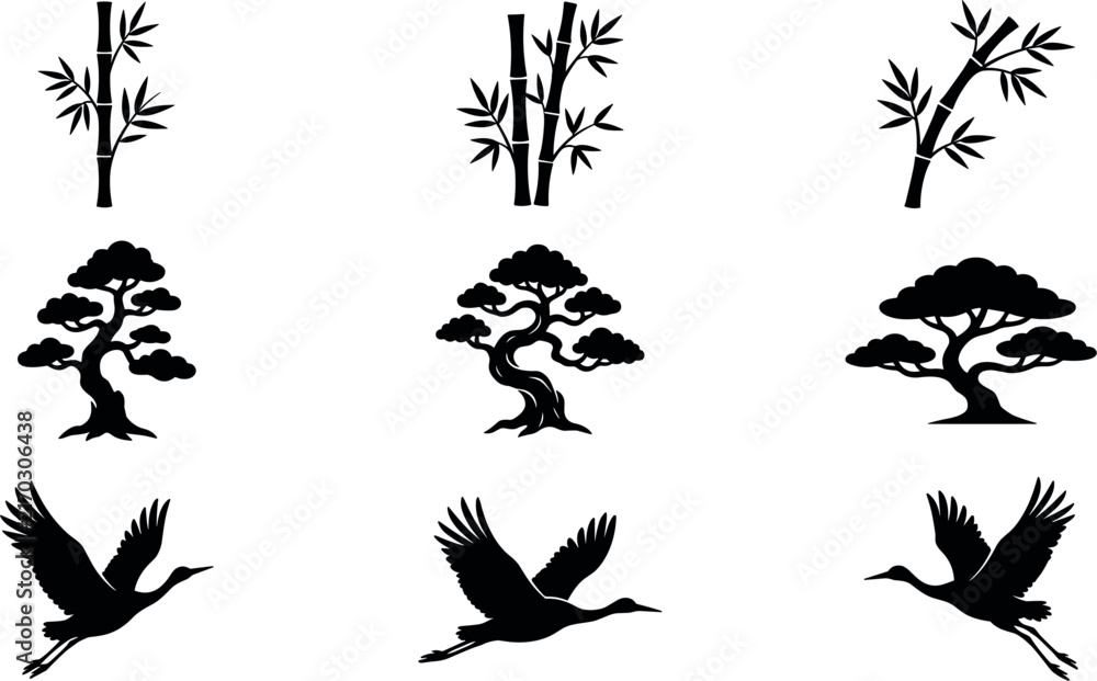 Naklejka premium Traditional East Asian Silhouette Icon Set with Bamboo Stalks Bonsai Trees and Flying Red Crowned Cranes