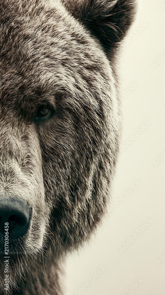 Obraz premium Close-up Portrait of a Brown Bear with Detailed Fur Texture on Neutral Background