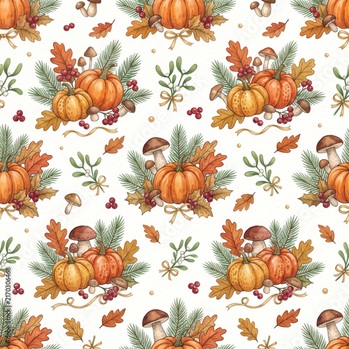 Autumn harvest pumpkin fall foliage pattern illustration