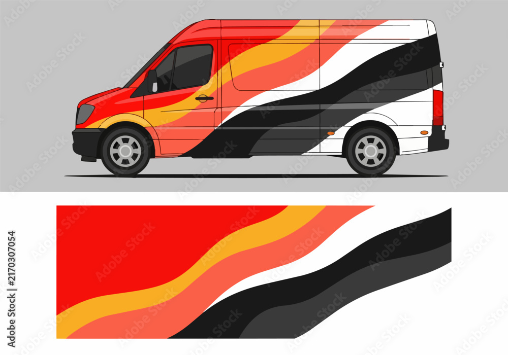 Fotografie Colorful van with bold abstract wave design wrap