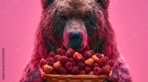 Brown Bear with Basket of Ripe Raspberries on Vibrant Pink Background
