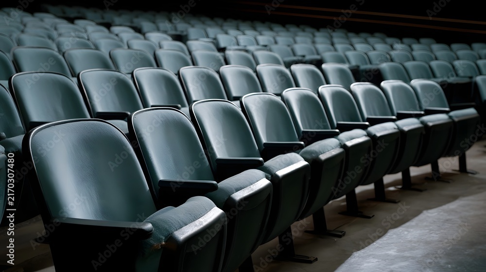 Obraz premium Rows of empty dark green theater seats arranged in perspective with subtle lighting on a concrete floor