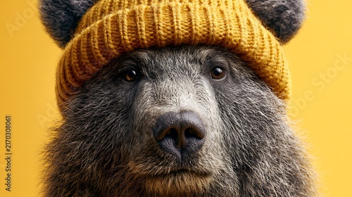 Funny Brown Bear Wearing a Yellow Knitted Beanie Hat Isolated on Yellow Background