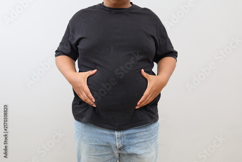 Photography A closeup photo of a man's hand holding his protruding belly, standing isolated against a white background