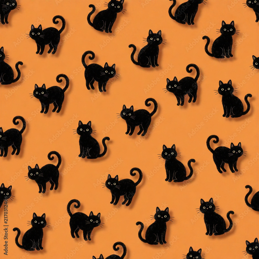 Obraz premium Seamless Halloween pattern with cute black cats on orange background