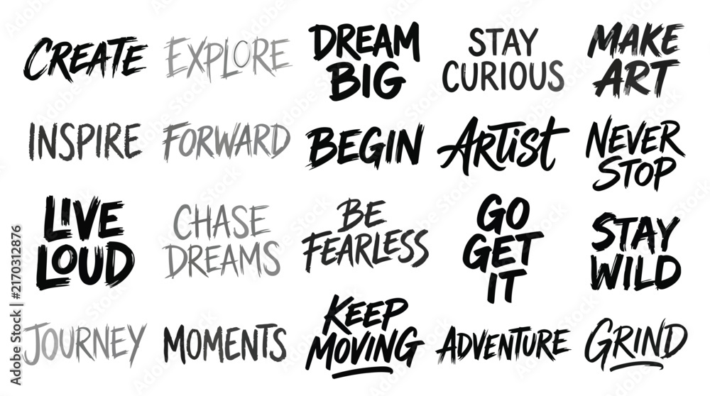 Fototapeta premium Set of hand drawn lettering slogans motivational quotes about art, creativity, success and adventure brush calligraphy