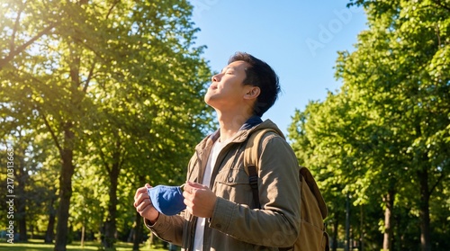 Young Asian man breathing deeply beneath a blue sky in a green park while holding a face mask, expressing freedom, hope and awareness of clean air and healthy environmental quality.