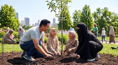 Asian family planting a young tree together in a green urban park, celebrating community, clean air, environmental conservation and a sustainable future through joyful outdoor activity.