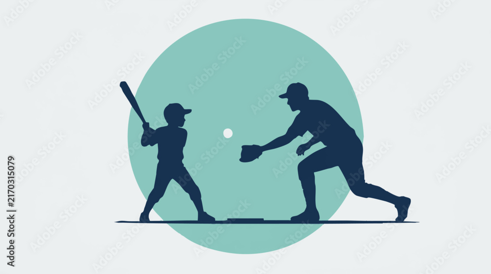 Fototapeta premium Father and son baseball practice. Silhouettes of adult and child players.
