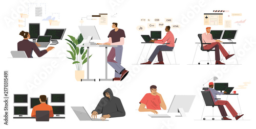 Set of programmers working at coding workspace, software developers and programming concept illustration
