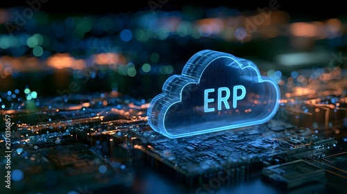 ERP Cloud Computing Technology on Digital Circuit Board, Enterprise Resource Planning Software, Business Automation, Data Management, Integrated Systems and Smart Corporate Technology Concept