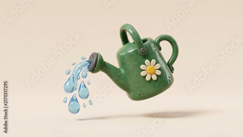 Green watering can with flower pouring water droplets.