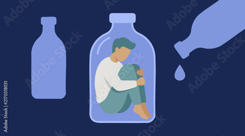 Illustration of person trapped in bottle, symbolizing addiction and isolation