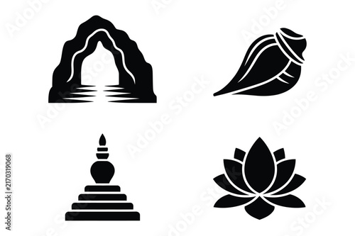 Принти на полотні Mountain cave seashell relic and lotus flower icons vector illustration