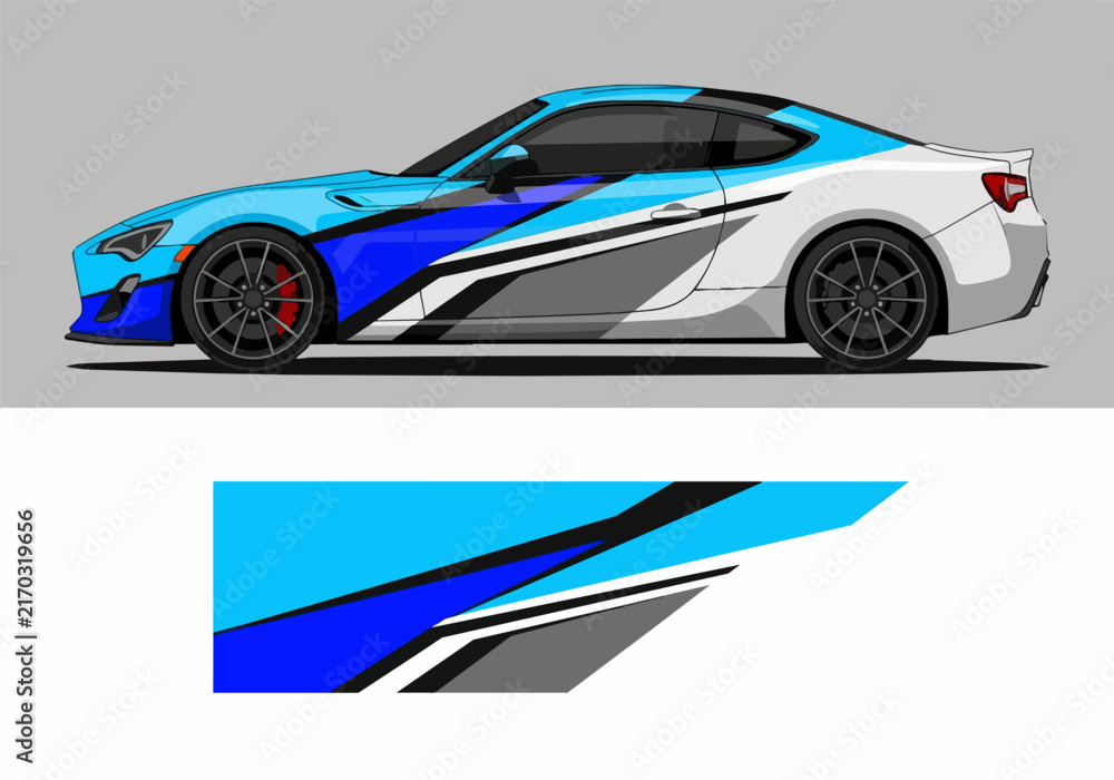 Fototapeta premium Blue and gray sports car with dynamic racing stripes