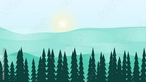 Pine forest landscape background with sunny hills and trees