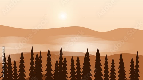Pine forest silhouette at sunset landscape with misty rolling hills
