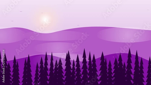 Purple forest landscape illustration with pine trees and glowing sun