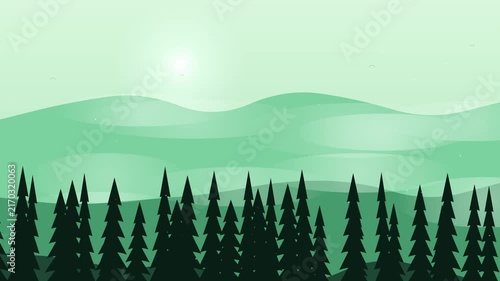 Pine forest landscape illustration with misty green hills and morning sun