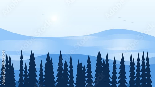Blue winter forest landscape with pine trees and hills in background