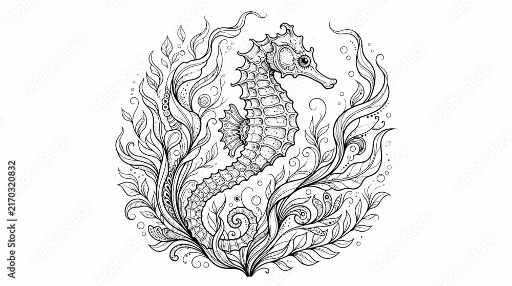 Obraz premium Seahorse swimming gracefully among swirling seaweed and aquatic plants is rendered in an intricate monochrome line art style that highlights the delicate patterns of marine life in the deep ocean.