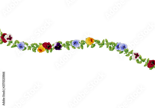 Bild auf Leinwand Wavy floral vine border with colorful pansy flowers with Candy Decorations, Leav