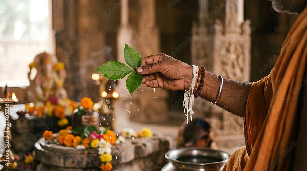 Obraz premium Hand of priest sprinkling holy water during ritual