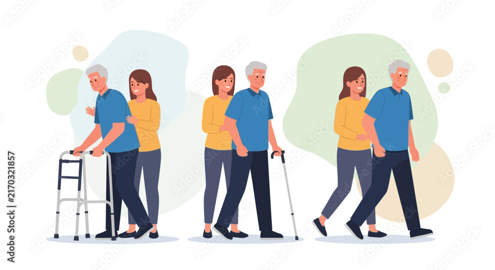 Fototapeta premium Caregiver assisting elderly man with walker, cane, and walking