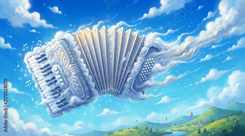 Magical accordion shaped like fluffy clouds floating in blue sky