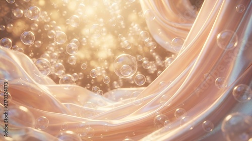 Floating transparent bubbles drifting over elegant smooth flowing silk fabric waves
