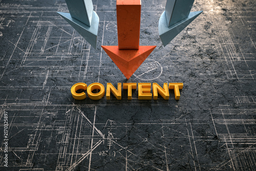 Orange and blue 3D arrows point toward the word CONTENT on a detailed architectural blueprint background. Creative concept for content marketing strategy and digital planning.