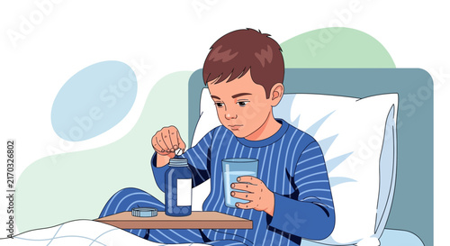 Sick Child Taking Medicine in Bed with Water, Isolated Transparent Background