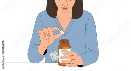 Woman Holding Pill Over Open Medicine Bottle - Isolated