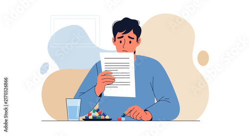 Worried man with pills and water, illustration