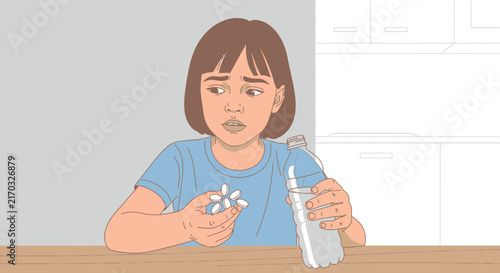 Worried child holding pills and water bottle, isolated cut out
