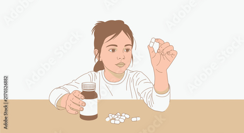 Young child holding a pill with medicine bottle and pills on table