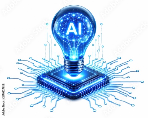 Plakat Glowing blue light bulb with ai text on a digital computer processor