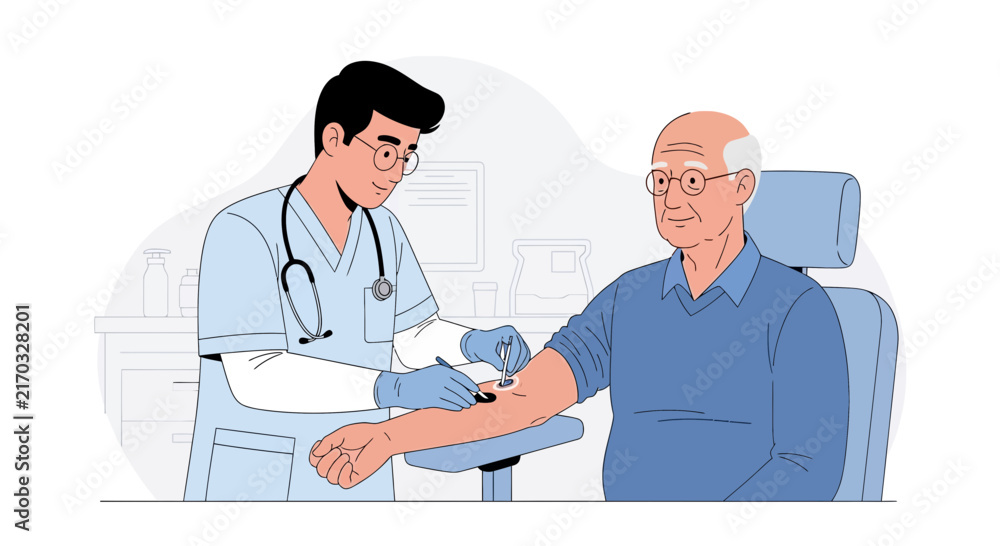 Fototapeta premium Doctor taking blood sample from elderly patient, isolated on transparent background