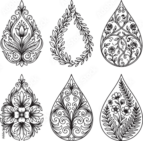 set of black and white floral elements