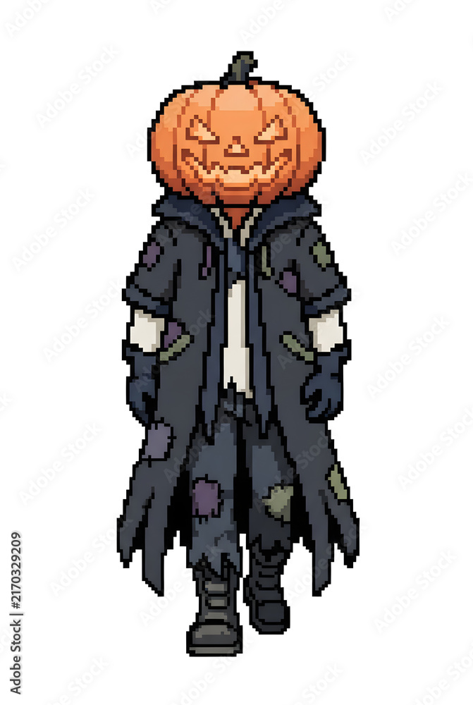 Fototapeta premium Retro pixel art illustration of a Jack-o'-lantern pumpkin-headed character walking forward, full body, isolated on white background 