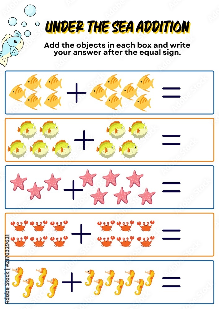 Fototapeta premium Easy addition math worksheet for kids learning basic sums up to ten. Printable educational activity page for kindergarten, preschool, and primary school students.