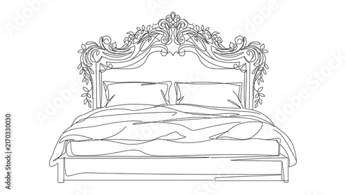 Elegant ornate bed illustration white background.