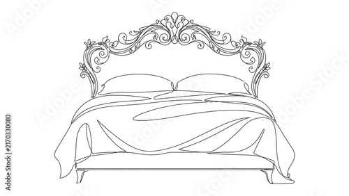 Elegant ornate bed illustration white background.