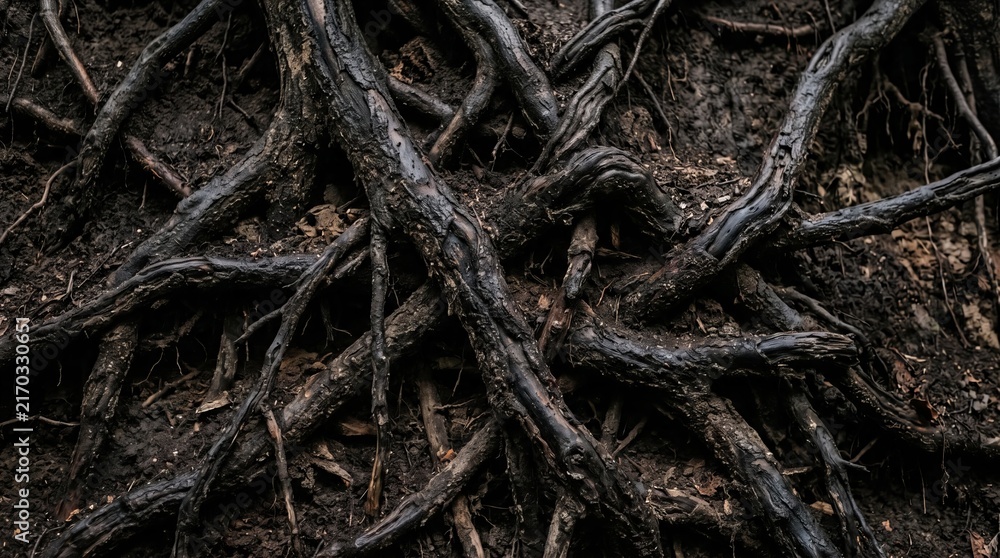 Fototapeta premium Black and brown tree roots twisted into intricate gnarled shapes, tangled naturally across dark earthy ground, mysterious atmosphere, captivating natural intrigue