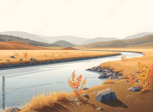 Quiet Autumn River Through a Golden Countryside Valley