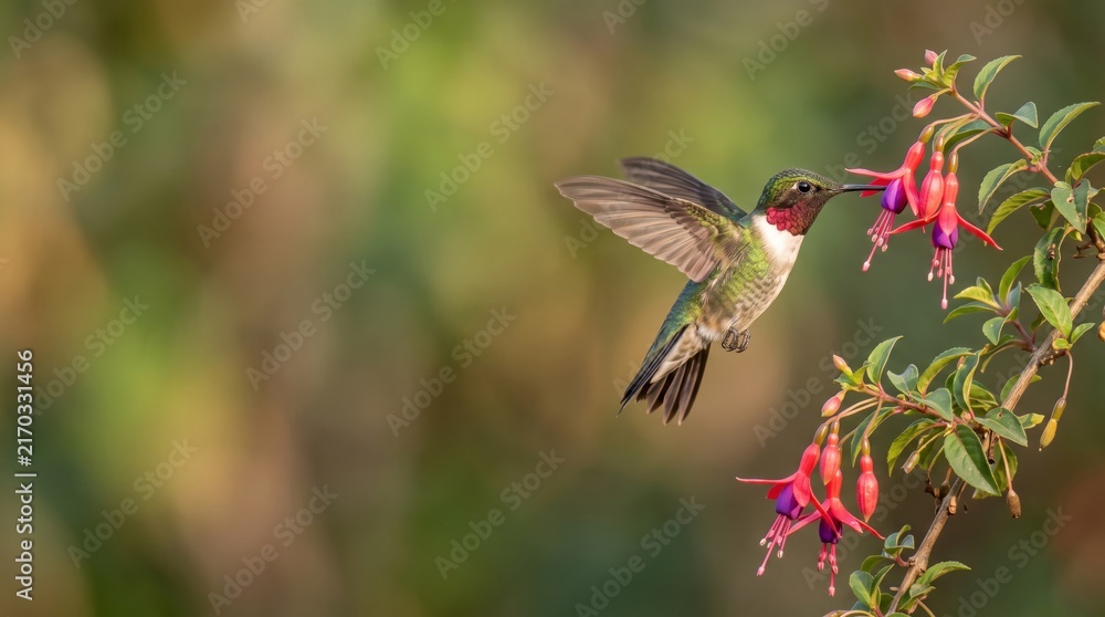 Naklejka premium Hummingbird feeding on pink flowers in the garden