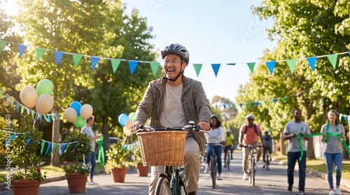 Smiling Asian woman cycling during a Clean Air Day community event on a tree-lined road, surrounded by blue and green decorations, symbolizing clean air and sustainable urban transportation.