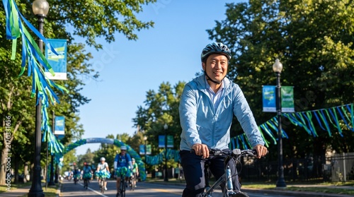 Smiling Asian woman cycling during a Clean Air Day community event on a tree-lined road, surrounded by blue and green decorations, symbolizing clean air and sustainable urban transportation.
