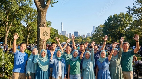 Diverse Asian community celebrating Clean Air Day in a lush city park, smiling and raising hands beneath a bright blue sky, symbolizing clean air, environmental awareness and community unity.