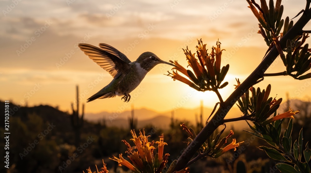 Naklejka premium Hummingbird flying near a flower at sunset